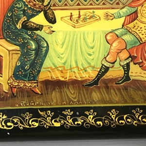 Шкатулка «Добрыня и хан Бахтияр Бахтиярович», Мстера, папье-маше, СССР, 1980-е гг. 001202 - фото 19437