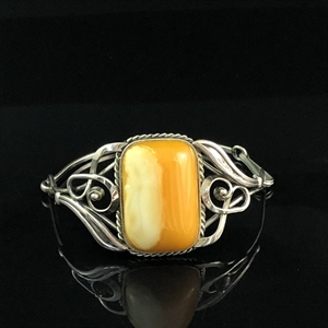 Мельхиоровый браслет с пейзажным природным янтарём, СССР, 1980-е гг. 001555 - фото 8051